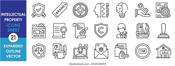 A set of line icons related to Intellectual Property. Protection, brand, target, design, idea, ownership, copyright, trademark, property, legal, and so on. Vector outline icons set.