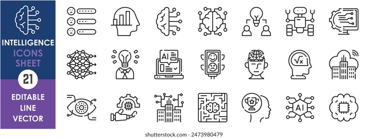 Eine Reihe von Liniensymbolen in Bezug auf Intelligenz. Künstliche Intelligenz, intelligent, Gehirn, Technologie, Computer, mutig, dumm, Idee und so weiter. Vektorgrafik-Gliederungssymbole festgelegt.