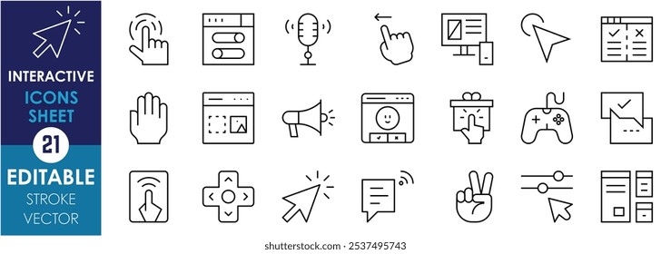 Conjunto de iconos de línea relacionados con Interactive. Gesto, Hacer clic, comando, Comentarios, tacto, arrastrar y soltar, diapositiva, interfaz de usuario, etc. Vector de trazo editable.