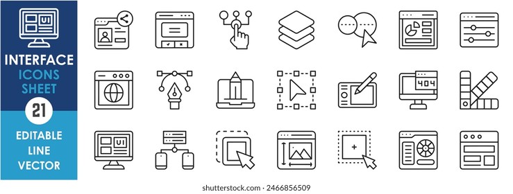 A set of line icons related to interface. Digital interface, ui, ux, design, website, creativity and so on. Vector outline icons set.