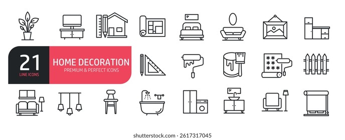 Set of line icons related to interior decor, carpet decor, bathroom, architecture, construction. Outline icons collection. Vector illustration.