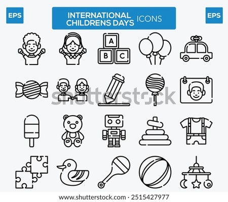 Set of line icons related to international children day icons. international children day, kid rights, parenthood. Outline icon collection. Editable stroke. Vector illustration