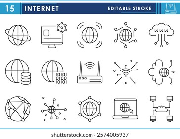 A set of line icons related to internet. Connect, worldwide, earth, symbol, connections, networking, digital, broadcast, communicate, and so on. Vector editable stroke.