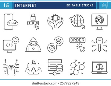 A set of line icons related to Internet. Wireless, shopping, hacker, network, server, programming, worldwide, and so on. Vector editable stroke.