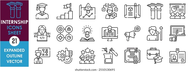 Un conjunto de iconos de línea relacionados con la pasantía. Educación, habilidades, graduarse, aprender, trabajo, portador, certificado, experiencia, éxito, trabajo, y así sucesivamente. Conjunto de iconos de contorno de Vector.