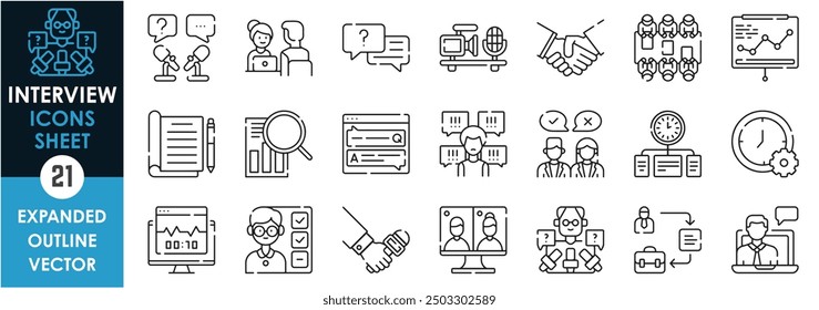 A set of line icons related to interview. Meeting, interview, speech, online, television, defense, debate, time, presentation, podcast, question and answer, and so on. Vector outline icons set.