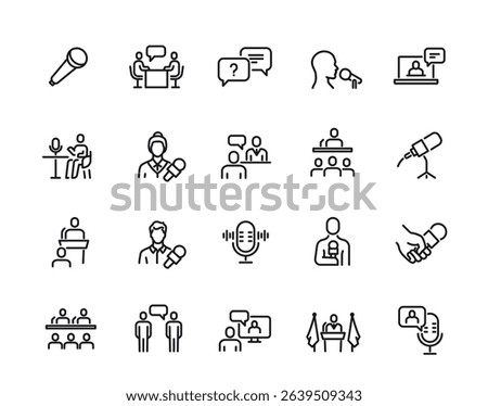 Set of line icons related to interview. Simple symbols with live broadcast, journalist, microphone, celebrity and audience. Editable stroke. Outline vector illustration isolated collection