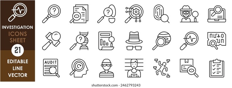 Conjunto de iconos de línea relacionados con la investigación. Inspeccionar, investigar, investigar, escena del crimen, etc. Conjunto de iconos de esquema.