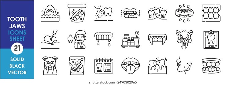 Conjunto de iconos de línea relacionados con mandíbulas y dientes. Dientes, animales, vampiro, mandíbula, dental, cuidado, tiburón, aparatos ortopédicos, lengua, etc. Conjunto de iconos de contorno de Vector.