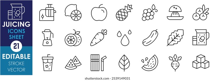 A set of line icons related to Juicing. Juicer, manual, machine, fruits, straw, ice cubes, mint, berries, and so on. Vector editable stroke.