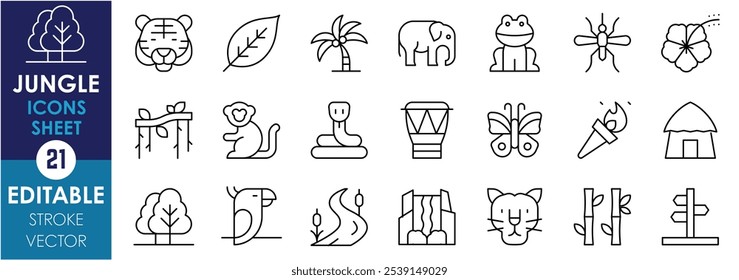 A set of line icons related to Jungle. Tiger, trees, frogs, snakes, vine, river, waterfall, bamboo, hut, tribes, and so on. Vector editable stroke.