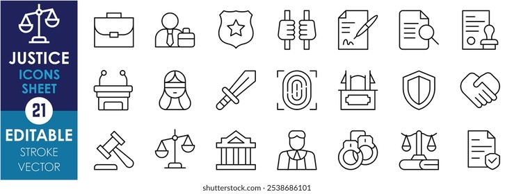 Un conjunto de iconos de línea relacionados con la Justicia. Maletín, espada, escala, ley, libro, prisión, contrato, lente, corte, huella digital, venda los ojos, sala de audiencias, etc. Vector de trazo editable.