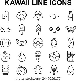 Set of line icons related to Kawaii(Cute). These icons are perfect for Stickers, Prints for Clothing, Coloring Pages.