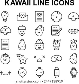 Set of line icons related to Kawaii(Cute Faces).  Includes expression anime character and emoticon face illustration.