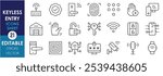 A set of line icons related to Keyless Entry. Smart, lock, unlock, gesture, garage, remote control, fingerprint, smartwatch, CCTV camera, chips, and so on. Vector editable stroke.