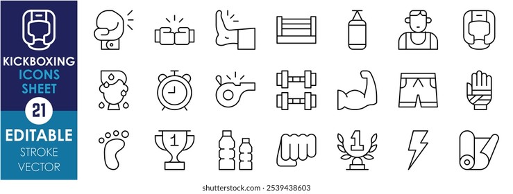 A set of line icons related to Kickboxing. Fist, gloves, punch, kick, award, helmet, ring, training bag, boxer, water, timer, and so on. Vector editable stroke.