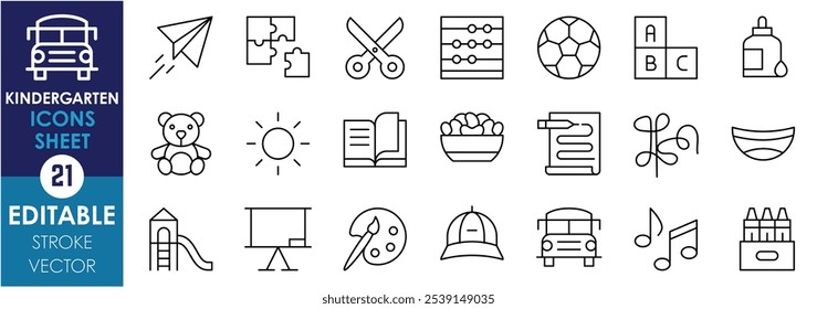 A set of line icons related to Kindergarten. Paper plane, puzzle, books, palette, school bus, scribble, ABC blocks, glue, and so on. Vector editable stroke.