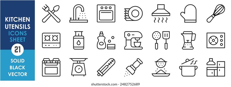 A set of line icons related to kitchen and utensils. Kitchen, stove, spoon, pot, flour, blender, gloves, tap and so on. Vector outline icons set.