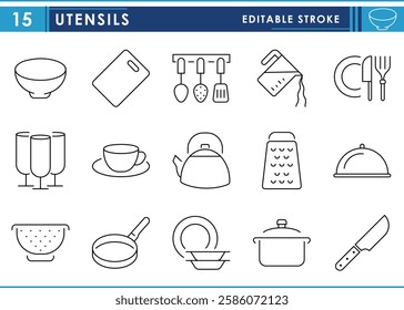 A set of line icons related to Kitchen utensils. Plate, bowl, fork, knife, pan, container, and so on. Vector editable stroke.