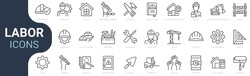 Set Of Line Icons Related To Labor, Construction, Labour Day, Renovation. Outline Icon Collection. Vector Illustration. Editable Stroke.