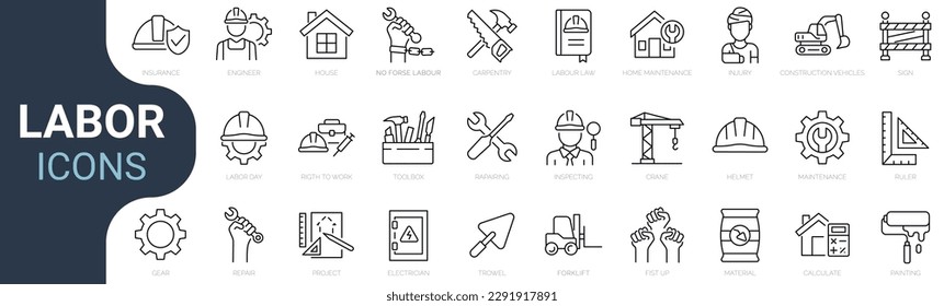 Set of line icons related to labor, construction, labour day, renovation. Outline icon collection. Vector illustration. Editable stroke.