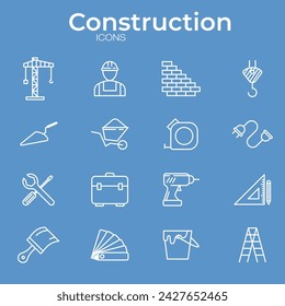 Set of line icons related to labor, construction, labor day, and renovation. Outline icon collection. Vector illustration. Editable stroke.