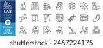 A set of line icons related to laboratory. Lab, equipment, chemistry, biology, computer, physics, test tube, chemical and so on. Vector outline icons set.