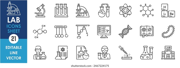 A set of line icons related to laboratory. Lab, equipment, chemistry, biology, computer, physics, test tube, chemical and so on. Vector outline icons set.