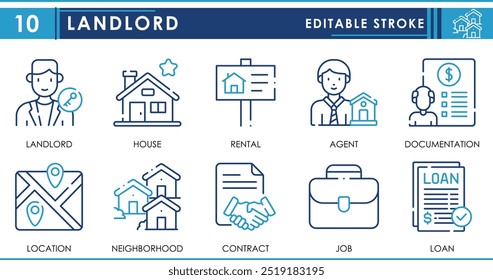 Um conjunto de ícones de linha relacionados a Landlord. Casa, propriedade, propriedade, venda, agente, documento, contrato, trabalho e assim por diante. Traçado editável de vetor.