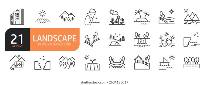 Set of line icons related to landscape, nature, forest, sea, sunset, mountain, travel, road, lake, view and more. Outline icons collection. Vector illustration.