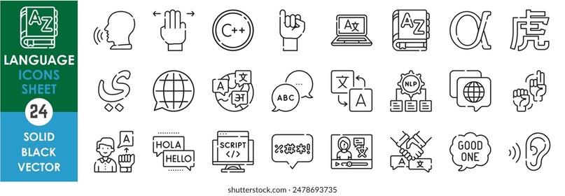 Eine Reihe von Zeilensymbolen, die sich auf die Sprache beziehen. Sprache, Übersetzung, Sprache, Hören und Sprechen, Grob, Zeichen, Fremdsprache, Geste und so weiter. Vektorgrafik-Gliederungssymbole festgelegt.