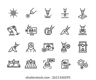 Set of line icons related to laser cutting. Simple symbols with laser engraving, 3D milling machine and numerical controlled printer. Outline vector illustration collection isolated on background