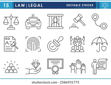 A set of line icons related to Law and Legal. Rule, govern, stamp, regulations, police, jail, handcuff, certificates, legal documents, and so on. Vector editable stroke.