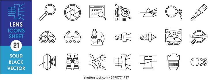 A set of line icons related to lens. Concave, convex, refraction, physics, binoculars, lens, mirror, eye, camera, contact, filter, uv, glasses, search and so on. Vector outline icons set.