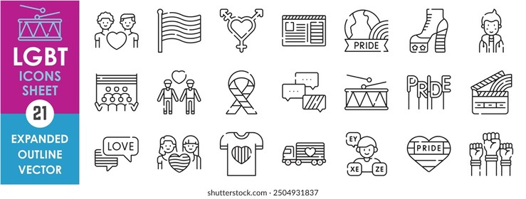 A set of line icons related to LGBT. LGBT, pride, love, month, cinema, gender, and so on. Vector outline icons set.