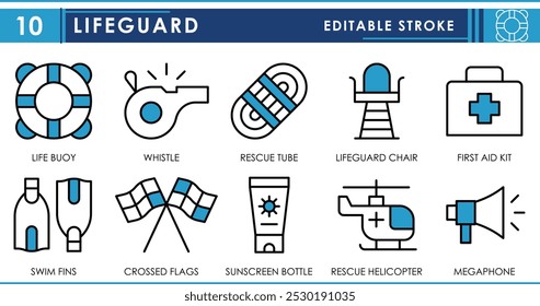 Um conjunto de ícones de linha relacionados ao salva-vidas. Boia salva-vidas, apito, tubo de resgate, cadeira, primeiros socorros, resgate Heli, e assim por diante. Traçado editável de vetor.