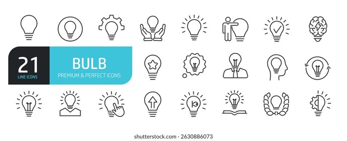 Set of line icons related to light bulb, thinking, innovation, idea. Outline icons collection. Vector illustration stock illustration
