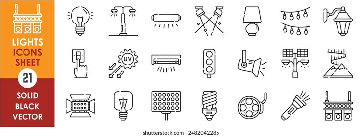 Conjunto de iconos de línea relacionados con las luces. Luz, brillo, bombilla, lámpara, estadio, cirugía, aurora, interruptor, calle, rayo, etc. Conjunto de iconos de contorno de Vector.