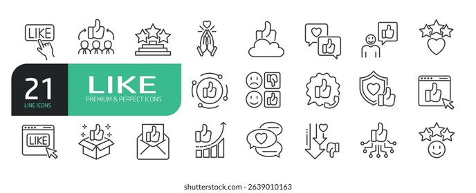 Set of Line Icons Related to Like, Thumb Up, Appreciation, Positive, Loved, Approve, Favorable, and more.
