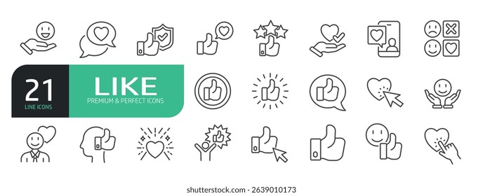 Set of Line Icons Related to Like, Thumb Up, Appreciation, Positive, Loved, Approve, Favorable, and more.