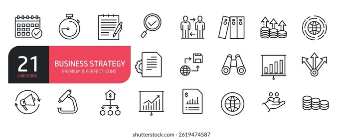 Set of line icons related to list, research, solution, marketing, management. Outline icons collection. Vector illustration.