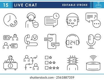 A set of line icons related to Live Chat. Live, customer care, help desk, chatbot, virtual, interaction, instant message, real-time, conversation, and so on. Vector editable stroke.