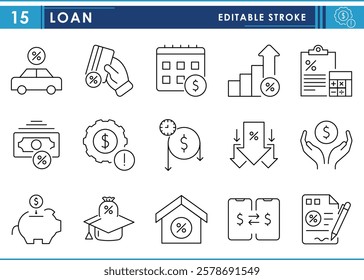 A set of line icons related to Loan. Debt, money, interest rate, piggy bank, saving, annual, finance, time, and so on. Vector editable stroke.