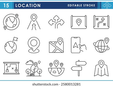 A set of line icons related to Location. Map, navigation, paper, mobile, destination, park, plan, and so on. Vector editable stroke.