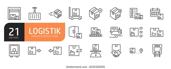 Set of line icons related to Logistic, Delivery, Cargo, Transportation, Warehouse, Supply Chain and more. Outline icons collection. Vector illustration.
