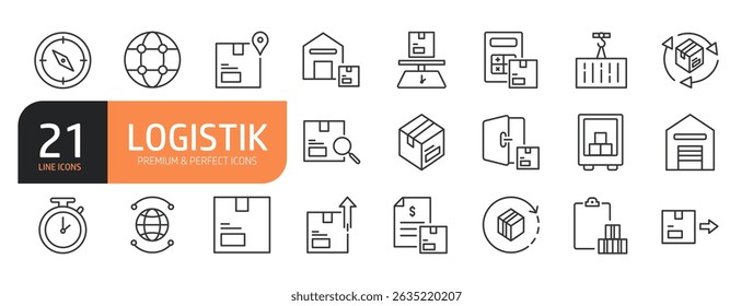 Set of line icons related to Logistic, Delivery, Cargo, Transportation, Warehouse, Supply Chain and more. Outline icons collection. Vector illustration.