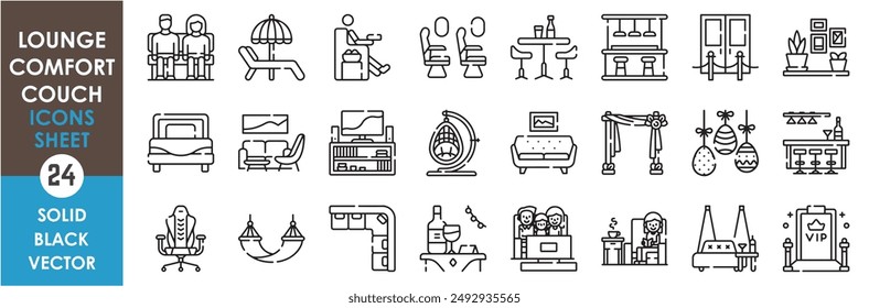 A set of line icons related to lounge, comfort, and couch. Living room, pub, bar, sofa, armchair, bed, drinks, decorated, luxurious, airplane seat, beach, VIP, family and so on. Vector outline icons.