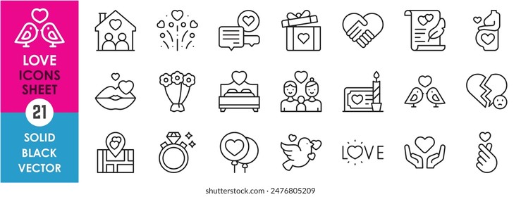 Un conjunto de iconos de línea relacionados con el amor, el cuidado y las citas. Fecha, amor, embarazada, ruptura, mejores amigos, familia, regalo, carta de amor, charla y así sucesivamente. Conjunto de iconos de contorno de Vector.