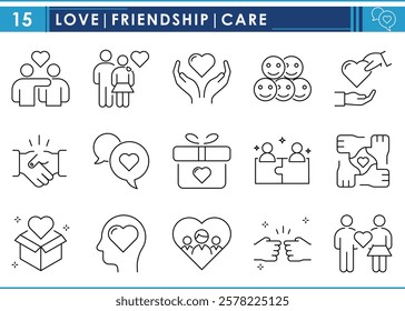 A set of line icons related to Love, friendship, and care. Community, family, lovers, couple, friends, handshake, happy, caregiver, and so on. Vector editable stroke.