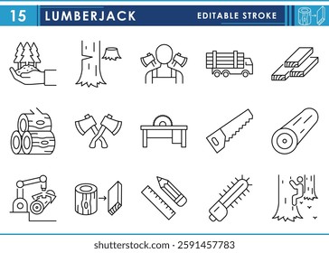 A set of line icons related to Lumberjack. Lumber, wood, furniture, chopping, tools, chainsaw, and so on. Vector editable stroke.